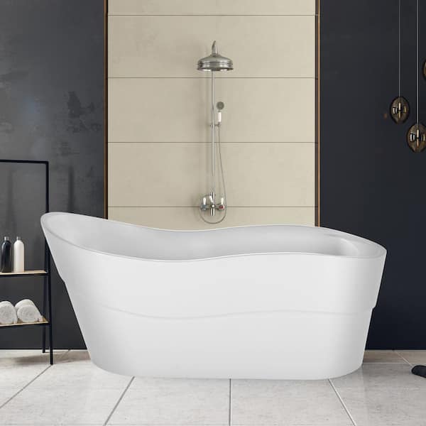Empava 67 in. Acrylic Flatbottom Left Drain Slipper Freestanding Soaking Bathtub in White with Polished Chrome Overflow Drain