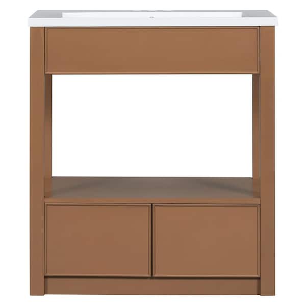 JimsMaison 30 in. W x 18 in. D x 34 in. H Single Sink Freestanding Bath Vanity in Brown with White Ceramic Top