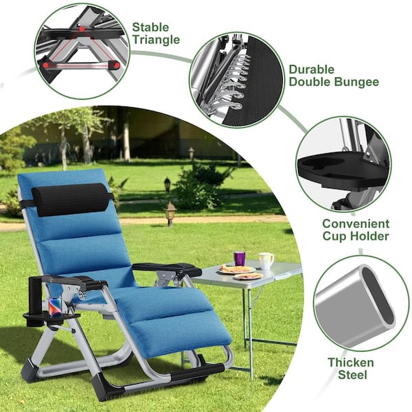 BOZTIY Zero Gravity Chair, Patio Folding Reclining Lounge Chair with Removable Cushion & Tray for Indoor and Outdoor, Blue