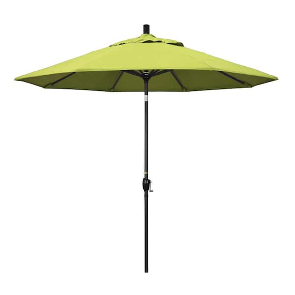 California Umbrella 9 ft. Stone Black Aluminum Push Button Tilt Crank Lift Market Patio Umbrella in Parrot Sunbrella
