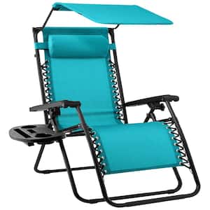 Zero Gravity Folding Reclining Peacock Blue Outdoor Lawn Chair with Canopy Shade, Headrest Tray