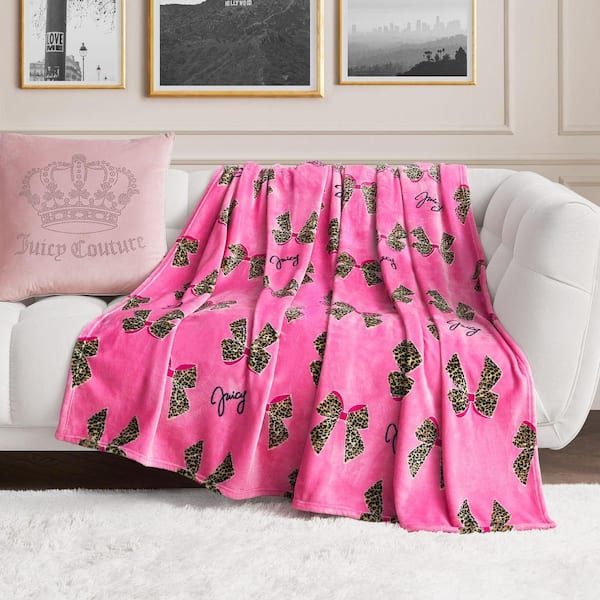 Leopard Bows Hot Pink Plush 60 in. x 70 in. Polyester Throw Blanket