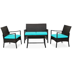 4-Piece PE Rattan Wicker Comfortable Outdoor Patio Conversation Set with Glass Coffee Table and Turquoise Cushions
