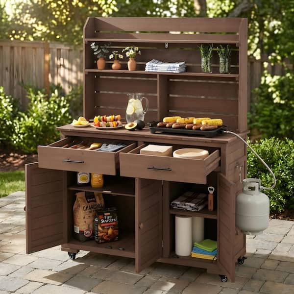 47 in. W x 65 in.​ H Brown Solid Wood Garden Potting Bench with Lockable Wheels and Storage Cabinet