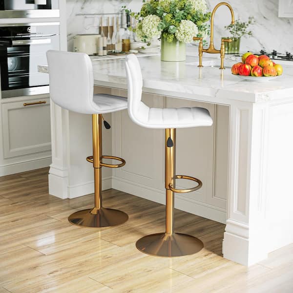 Carnegy Avenue Vincent 33 in. White Vinyl/Gold Frame Metal Counter Stool Swivel Stool with Gold Pedestal Base with Vinyl Seat Set of 2