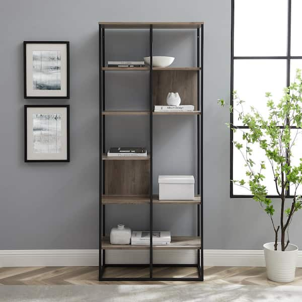 Welwick Designs 70 in. Grey Wash Wood and Metal Industrial 5-Shelf ...