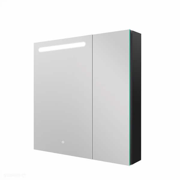 Unbranded 30 in. W x 30 in. H Rectangular Black Aluminum Surface Mount Medicine Cabinet with Mirror and Open Shelves Left Open