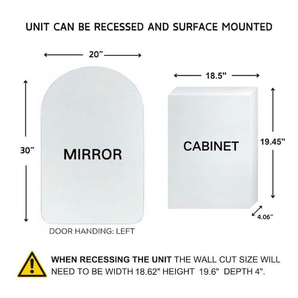 TEHOME Tomace 20 in. W x 30 in. H Arched Recess and Surface Mount Frameless Medicine Cabinet with Mirror