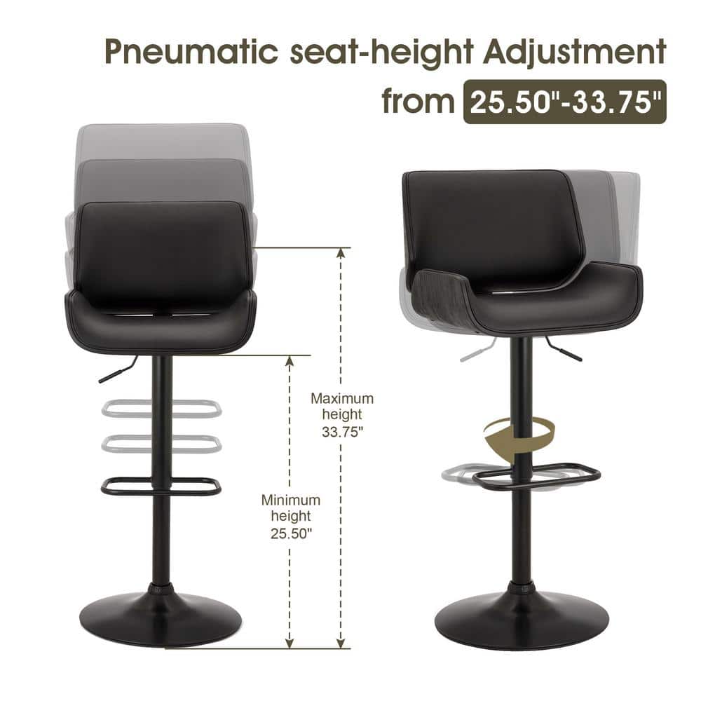 Black Adjustable Height Swivel Bar Stools with Leather and Metal