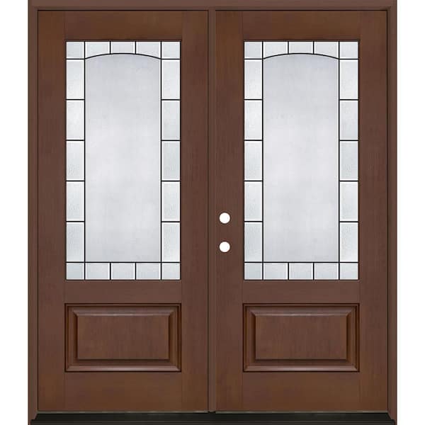 Regency 72 in. x 80 in. 3/4L Empire Decorative Glass RHIS Chestnut Fiberglass Double Prehung Front Door with 4-9/16Jamb
