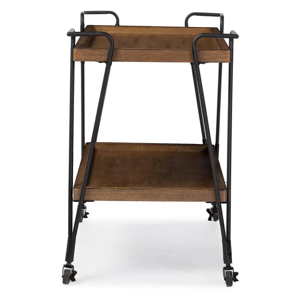 Rustic Industrial Black & Brown Mobile Serving Bar Cart with Wine Rack