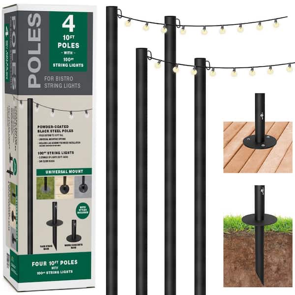 EXCELLO GLOBAL PRODUCTS Outdoor 100 ft. Plug-in Globe Bulb String Light with Four 10 ft. Mounting Poles