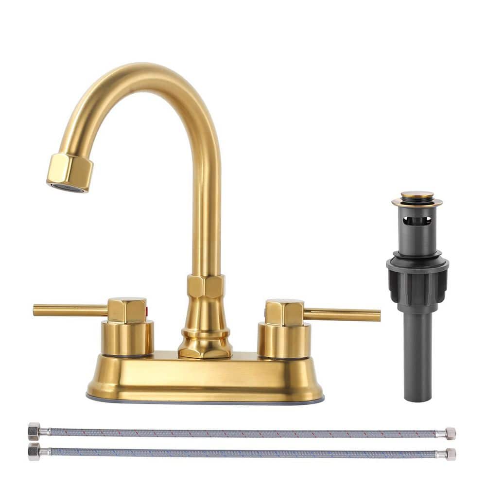 4 in. Centerset Double Handle 360° Swivel Spout Bathroom Faucet with Pop-Up Drain and Supply Hoses in Brushed Gold price history on PriceWatchPro