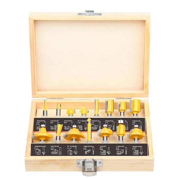 Unbranded 1/4 Inch Tungsten Carbide Router Bits Set Woodwork Tools with Wooden Case for Wood Milling 15-Pack