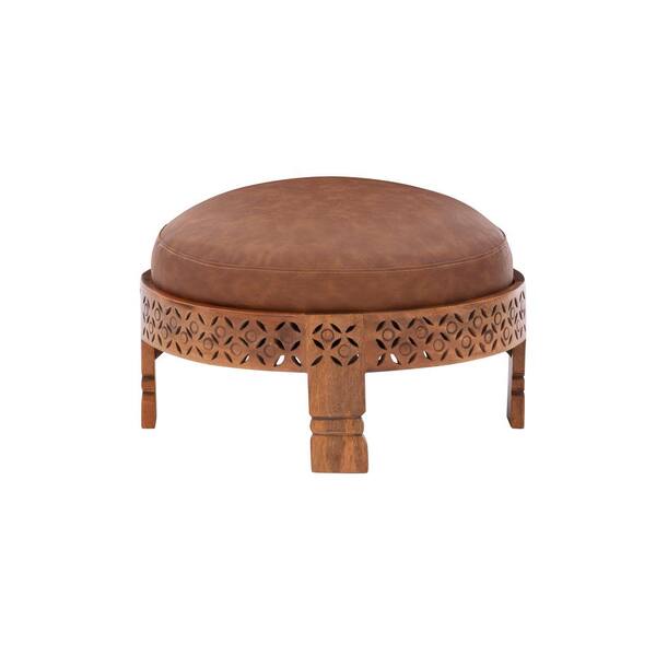 Powell Company Murphy Brown Faux Leather Round Ottoman With Mangowood Base Hd1615ao21 Faux Leather Round Ottoman, Round Ottoman Leather Bench