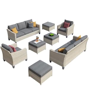 Oconee Beige 8-Piece Beautiful Outdoor Patio Conversation Sofa Seating Set with Dark Grey Cushions