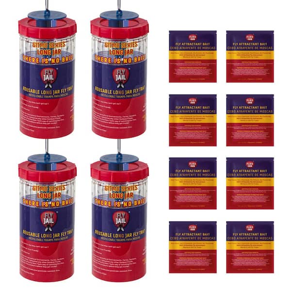 FLY JAIL 4 Gitmo Series Long Jar Outdoor Fly Trap with 8 Flies Inn Attractant Baits, Reusable, Effective Fly Catcher
