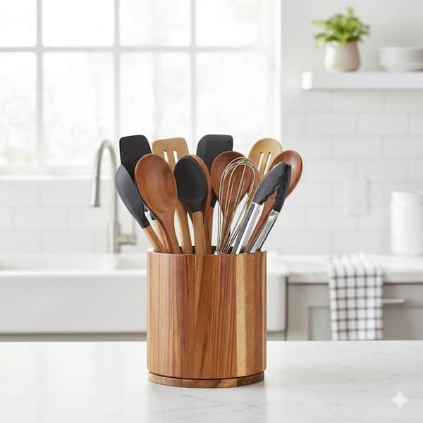Acacia Wood Utensil Holder 360° Rotating Large Kitchen Countertop Organizer Crock Farmhouse Decor Natural