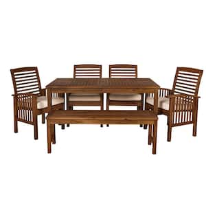 Dark Brown 6-Piece Wood Outdoor Dining Set with Cream Cushions