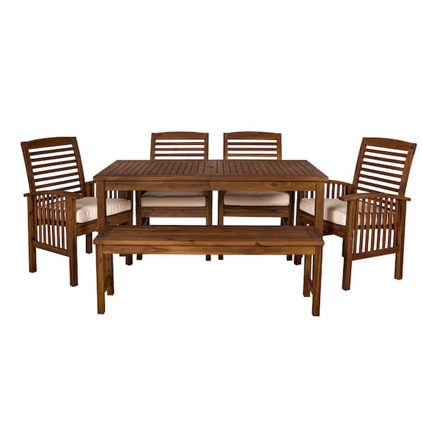 Dark Brown 6-Piece Wood Outdoor Dining Set with Cream Cushions