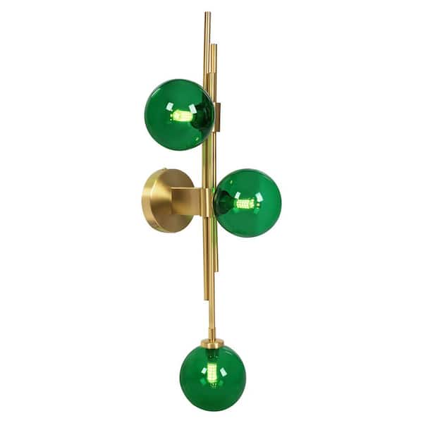 OUKANING 3-Light Postmodern Creative Personality Gold Metal Globe Wall Sconce Bedside Lampwith Green bubble Glass Shade