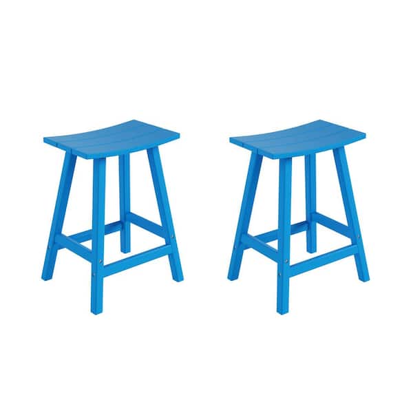 Franklin Pacific Blue 24 in. Poly HDPE Fade Resistant Outdoor Patio Saddle Seat Counter Height Bar Stool (Set of 2)
