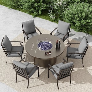 Halmuz 7-Piece Metal Outdoor Dining Set with 6 Chairs, Round Fire