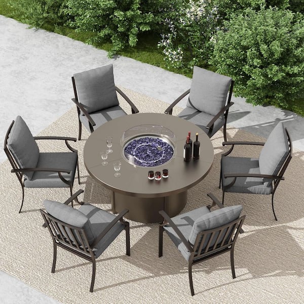 7-Piece Metal Outdoor Dining Set with 6 Chairs, Round Fire Pit Table, Waterproof and Non-Slip Grey Cushions, Patio, Lawn