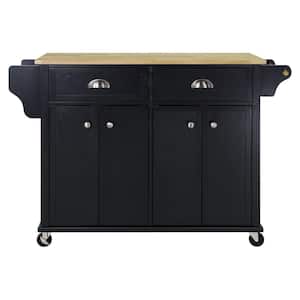 Black Natural Wood 52 in. Kitchen Island with Drawers and Retractable Table