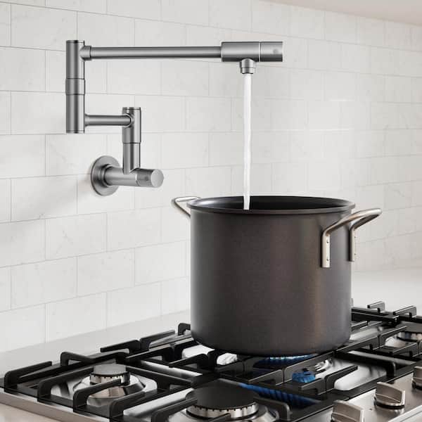 Bolden 2 Handle Wall Mount Pot Filler Faucet with Retractable Arm in Spot-Free Stainless Steel