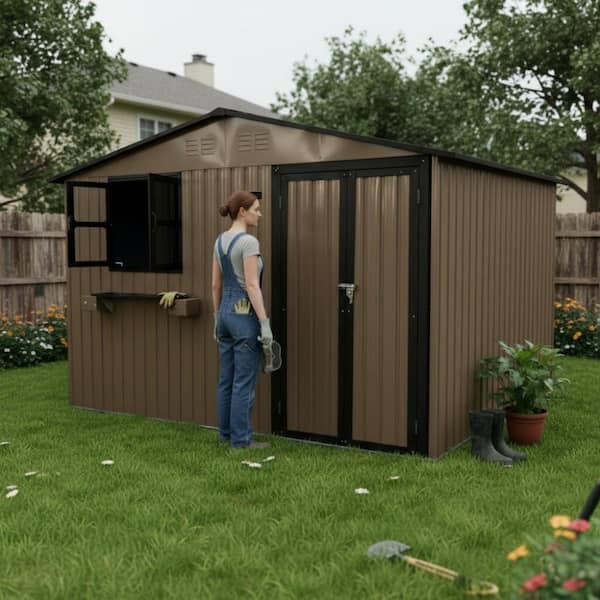 10x8 FT Brown Metal Heavy Duty Outdoor Storage Shed with 3 Windows