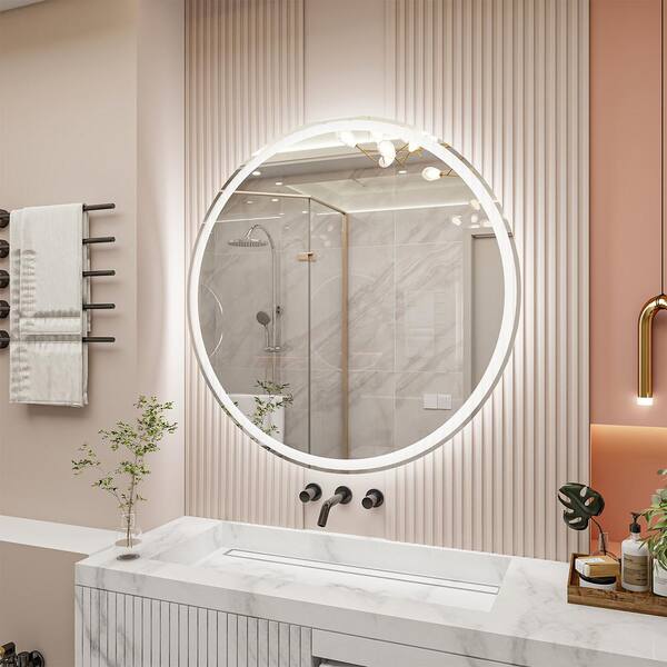Fab Glass and Mirror Round Lighted LED Bathroom Mirror 28-in x 28