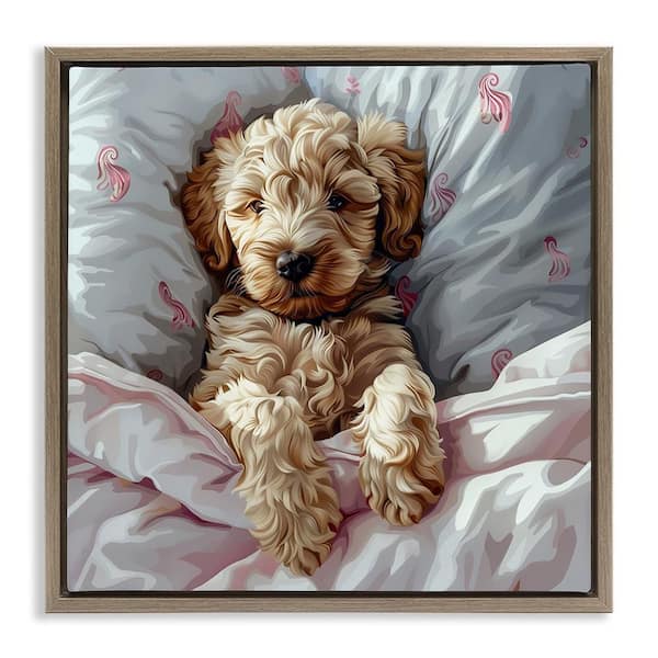 Stupell Industries Nap Time Cuddling Labradoodle by Jim Baldwin Brown Floater Frame Animal Graphic Art Print 18 in. x 18 in.