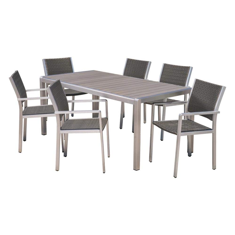 Gray and Silver Aluminum and Wicker 6-Person Outdoor Dining Set