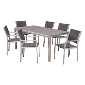 Cape Coral Silver 7-Piece Aluminum and Faux Rattan Outdoor Dining Set with Gray Faux Wood Table Top