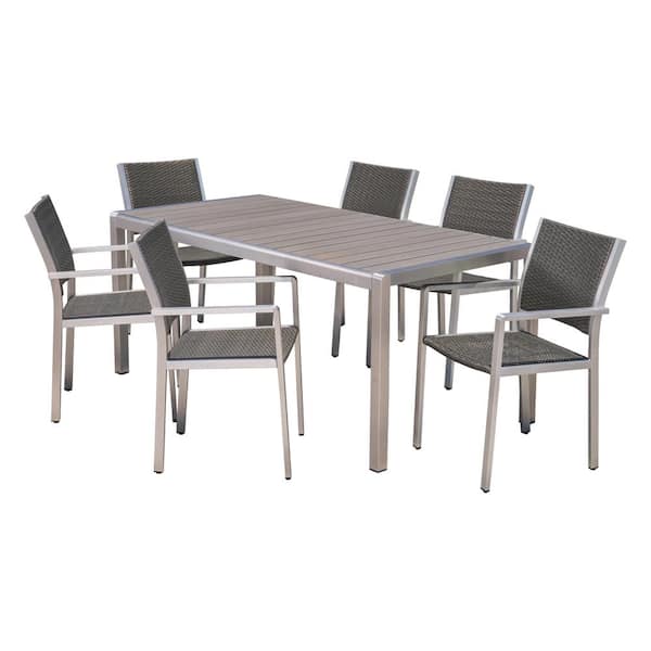 Cape Coral Silver 7-Piece Aluminum and Faux Rattan Outdoor Patio Dining Set with Gray Faux Wood Table Top