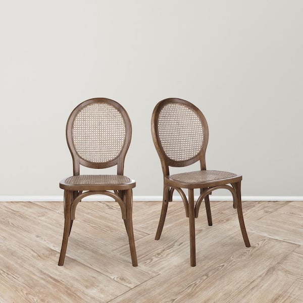 NADAAL STUDIOS Aaron Brown Dining Chair, Solid Elm Frame with Rattan Seat and Back-Set of 2