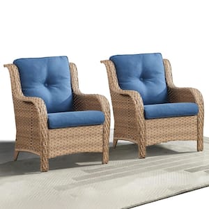 Yellow Wicker Outdoor Patio Lounge Chair with CushionGuard Blue Cushions (2-Pack)