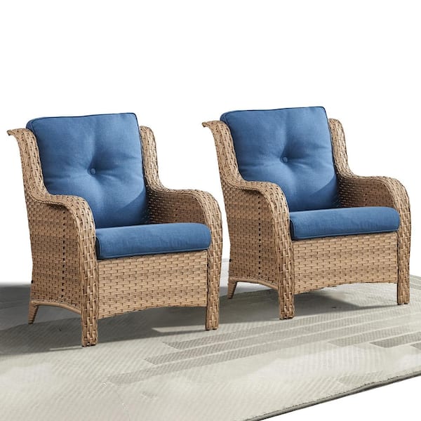 Pocassy Yellow Wicker Outdoor Patio Lounge Chair with CushionGuard Blue Cushions (2-Pack)