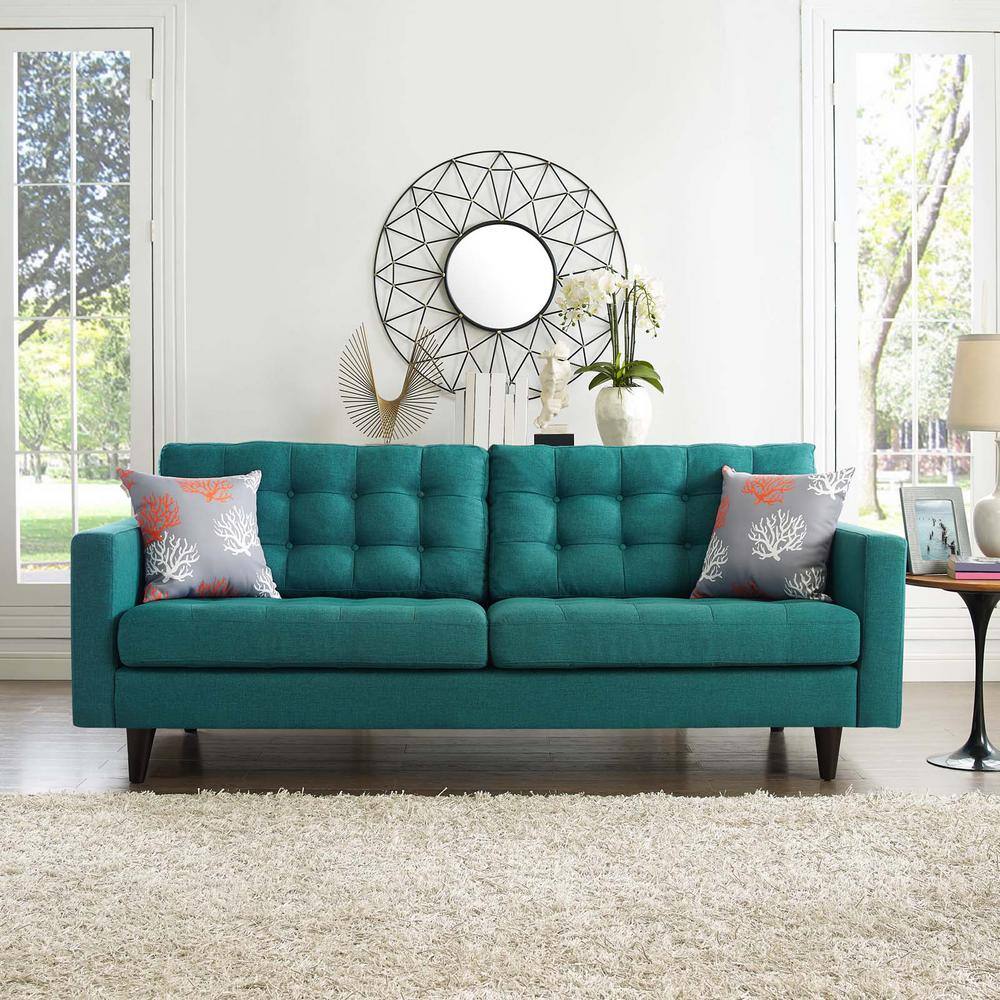 Teal Tufted Fabric Sofa with Solid Wood Legs