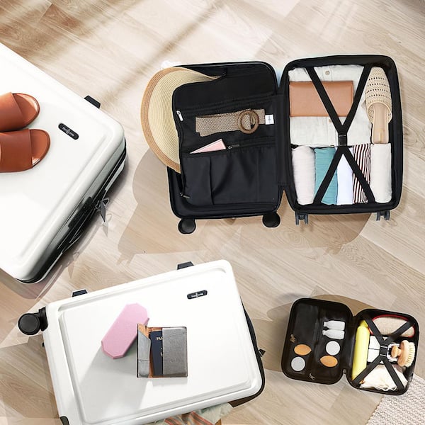 TRAVELARIM 2-Piece White Hard Carry-On Weekender Luggage Set Expandable Spinner Airline Approved Suitcase, Exterior USB port TA-L-WHT