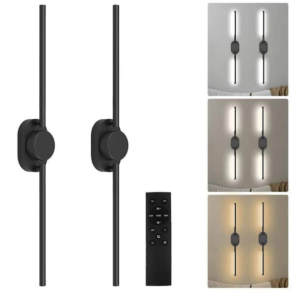31.5 in. Modern 1-Light Black LED Wall Sconce with Battery Operated, USB Rechargeable, Dimmable, Remote (Set of 2)