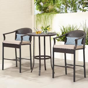 3-Piece Patio Brown Wicker 28 in. H Bar set Outdoor Bistro Set with Tan Cushion for Backyard, Balcony, Apartment, Deck