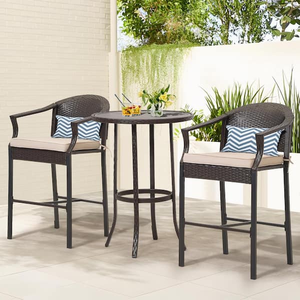 JUSKYS 3-Piece Patio Brown Wicker 28 in. H Bar set Outdoor Bistro Set with Tan Cushion for Backyard, Balcony, Apartment, Deck
