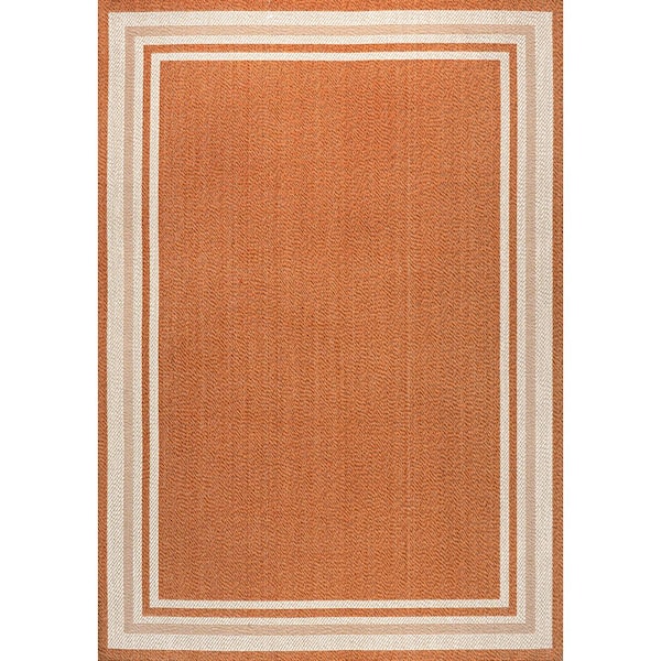 Orange/Cream 8 ft. x 10 ft. James Modern Border Stripe Indoor/Outdoor Area Rug
