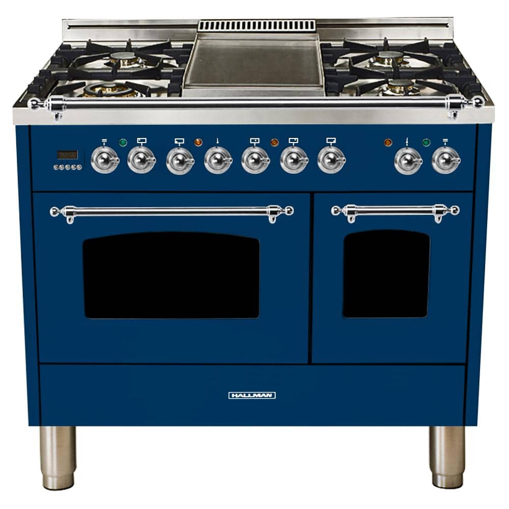 Hallman 40 In 4 0 Cu Ft Double Oven Dual Fuel Italian Range With True Convection 5 Burners Griddle Chrome Trim In Blue Hdfr40cmbu The Home Depot