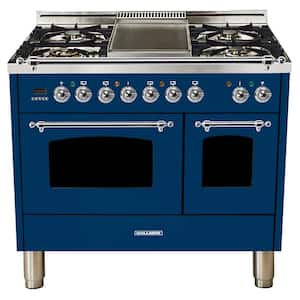 40 in. 4.0 cu. ft. Double Oven Dual Fuel Italian Range with True Convection, 5 Burners, Griddle, Chrome Trim in Blue