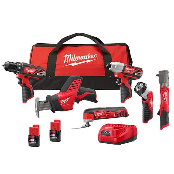 Milwaukee M12 12V Lithium-Ion Cordless Combo Kit (5-Tool) with M12 3/8 in. Right Angle Impact Wrench