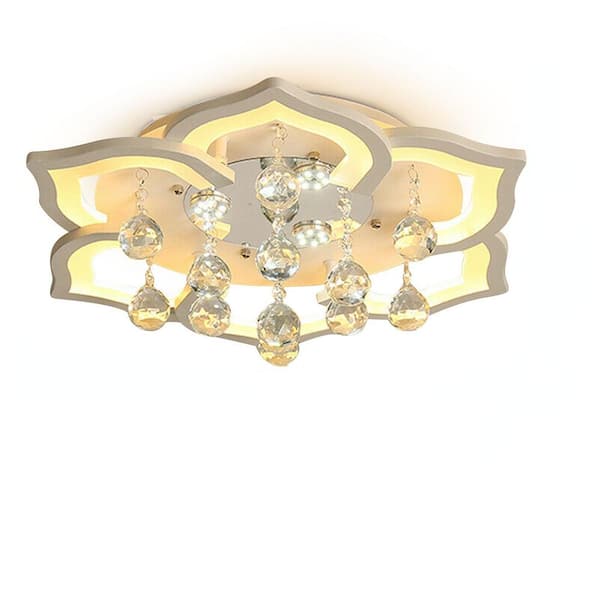 OUKANING 20.47 in. White Modern Flower Crystal Dimmable LED Flush Mount Ceiling Light with Remote for Bedroom Living Room