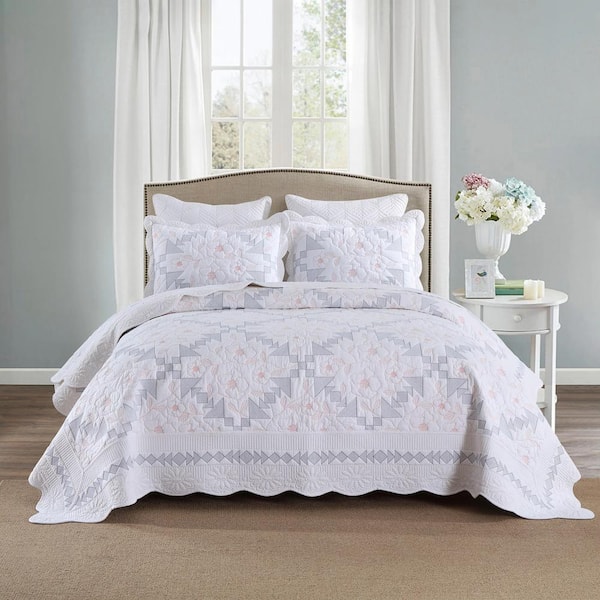 TC133 White Christmas Tree Embroidery King Size 100% Cotton Oversized Bedspread Set Coverlet Set Lightweight Quilt Set